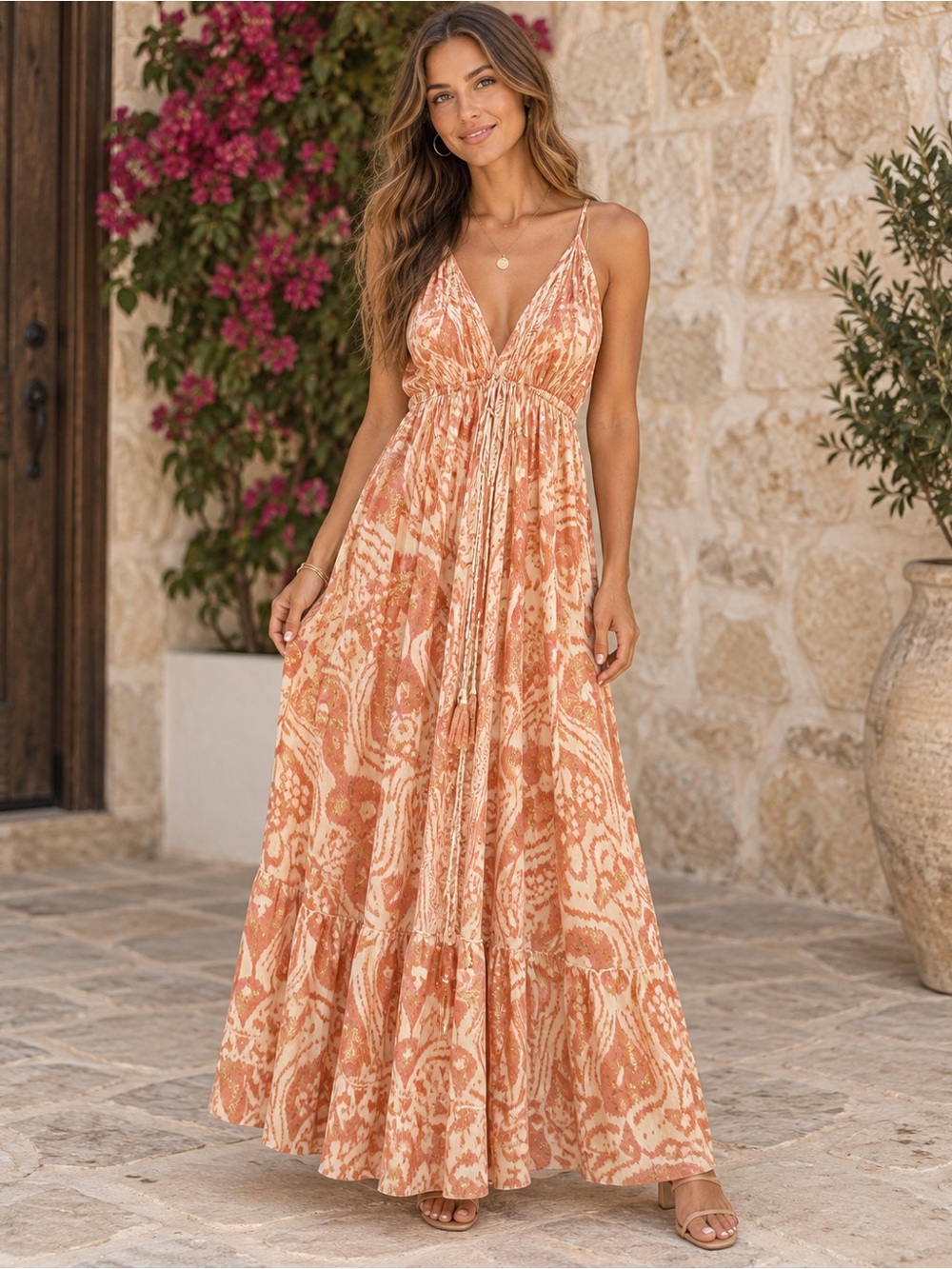 NWT fits XS to XL ORANGE Bohemian Spaghetti-Strap Maxi Dress in Peach Print